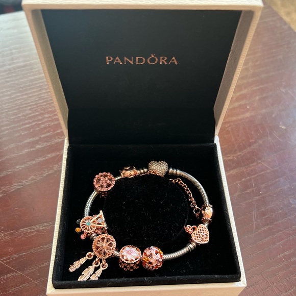 Pandora Rose Gold Pave Heart Clasp Bracelet with Fantasy Rose Gold Theme Charms - Picture 4 of 11